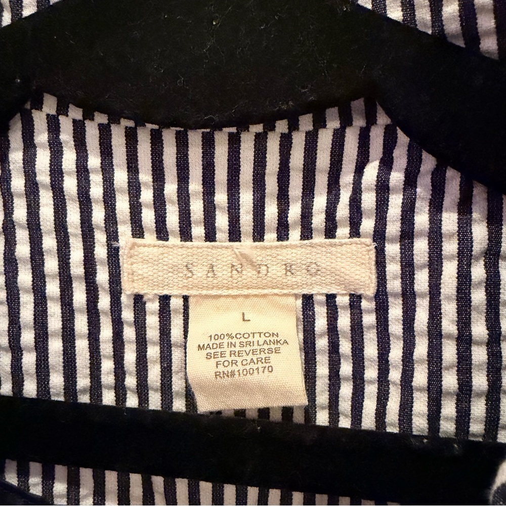 Sandro Designer Seersucker Navy White Stripes 100% Cotton Women's Blazer Size L - Picture 6 of 9